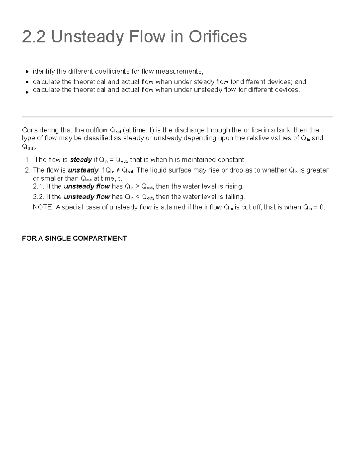 2.2 Unsteady Flow in Orifices CE 319 Hydraulics Engineering 2