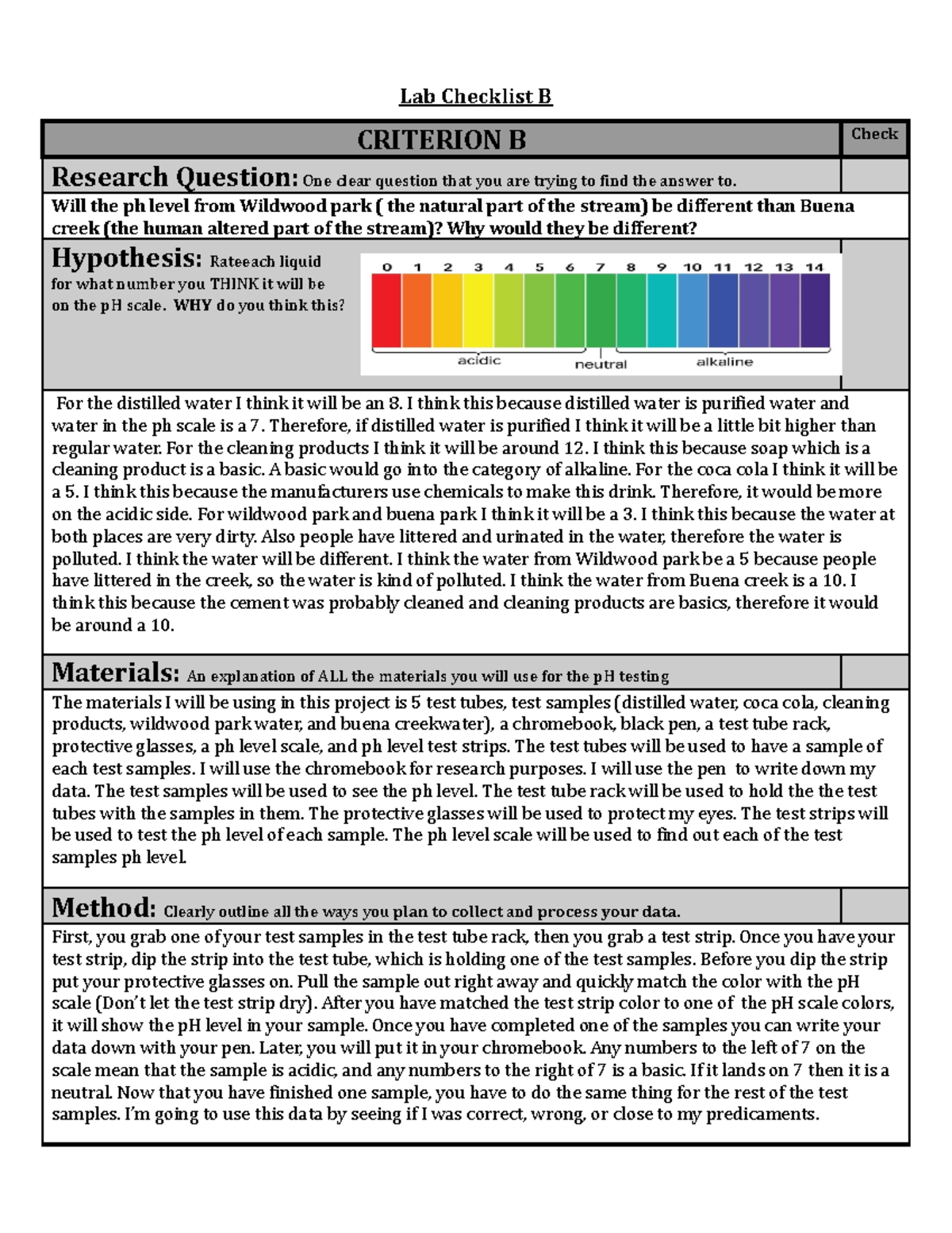 - Lab Checklist B - P H Testing - Lab Checklist B CRITERION B Check ...