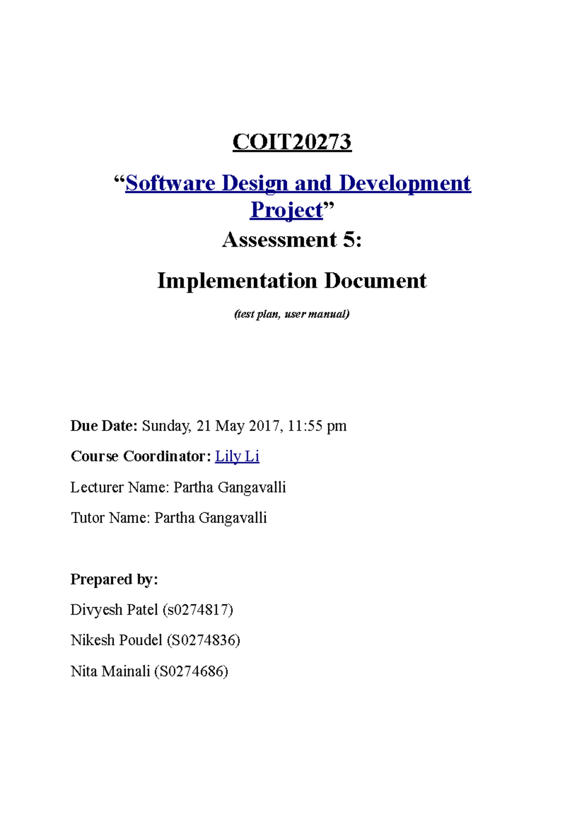 Implementation document Final - COIT “Software Design and Development ...