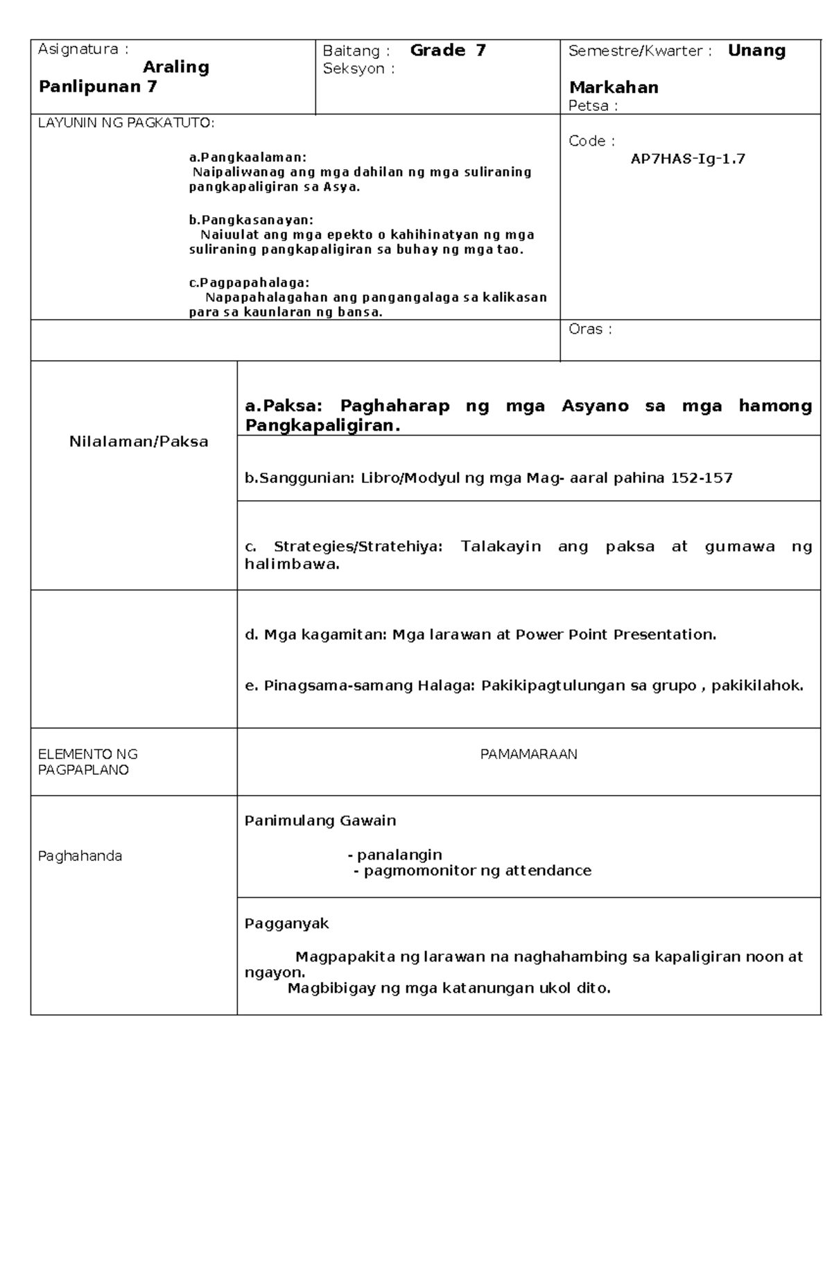 Lesson Plan Group 2 - Asignatura : Araling Panlipunan 7 Baitang : Grade ...