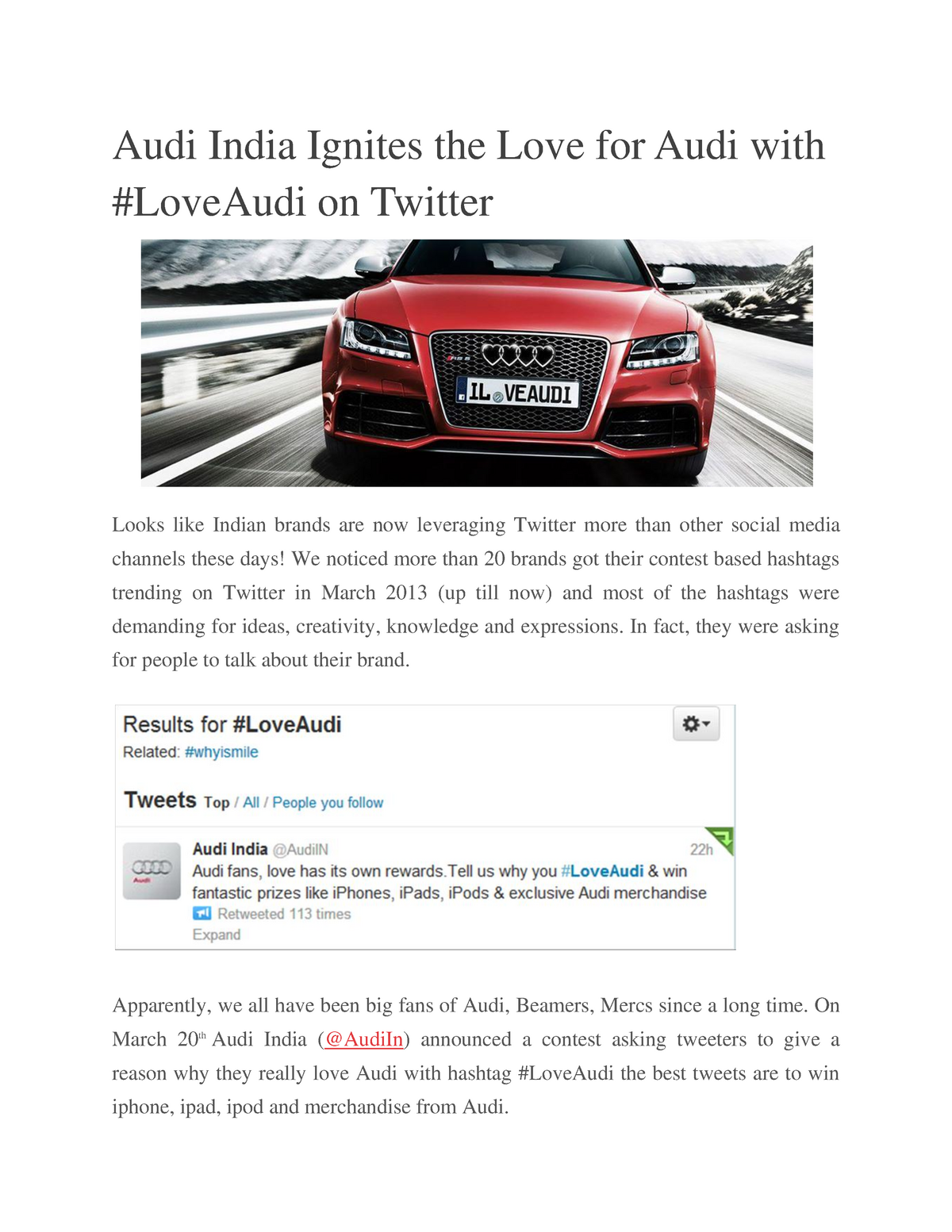 Summary - article Audi India Ignites the Love for Audi with #LoveAudi on  Twitter - Audi India - Studocu