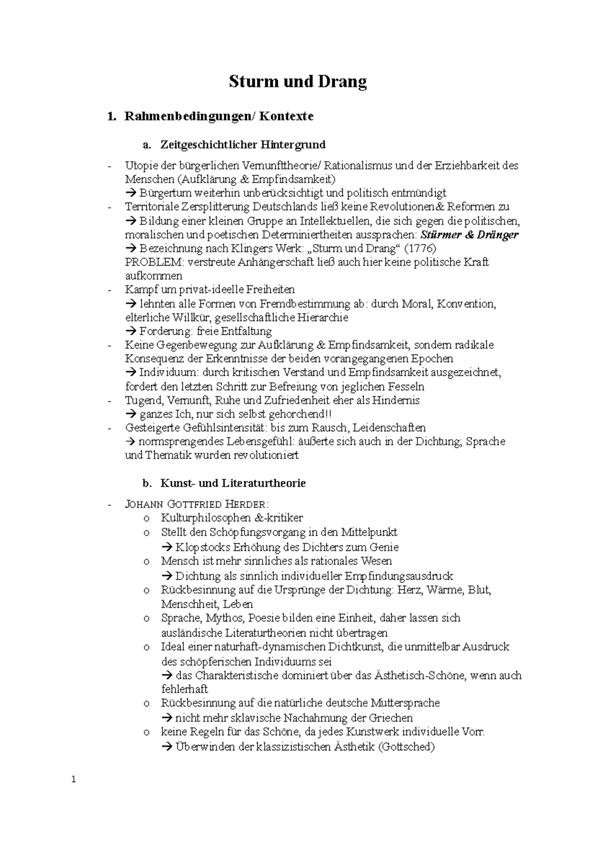 Literaturgeschichte Sturm und Drang Lernskript Sturm und Drang 1