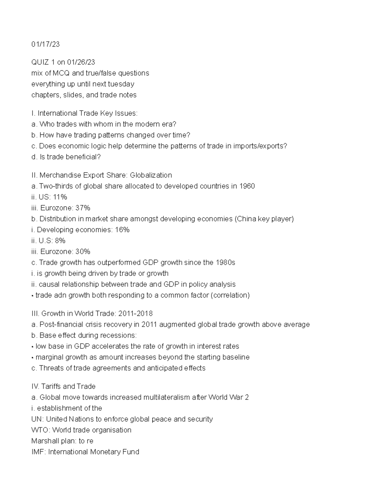 ECON 255 Trade Patterns - 01/17/ QUIZ 1 on 01/26/ mix of MCQ and true ...