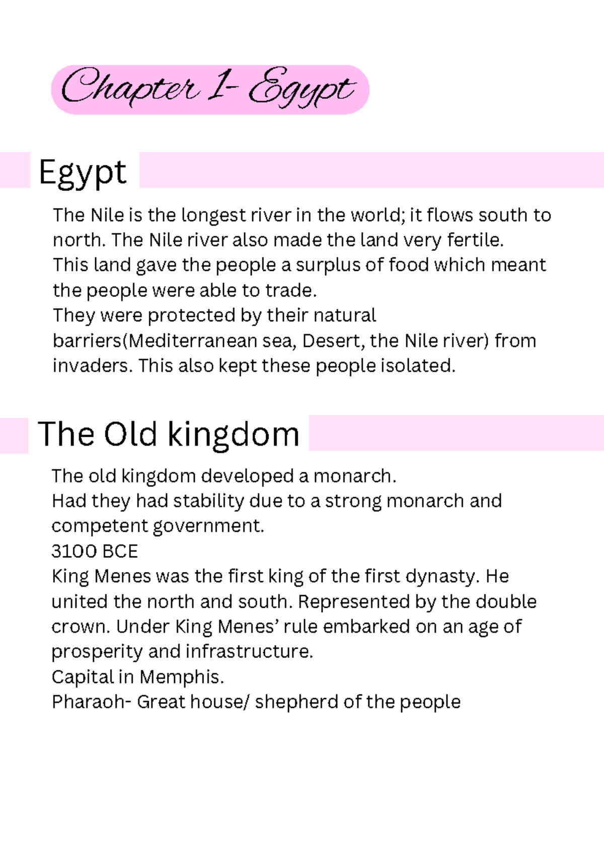 World History Chapter 1- Egypt - Chapter 1- Egypt Egypt The Nile is the ...