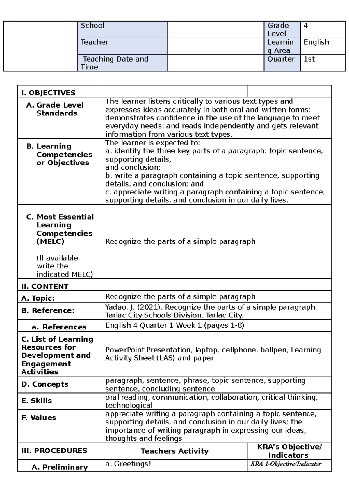 English 4 Q1 Week 1 CO Lesson Plan - School Grade Level 4 Teacher ...