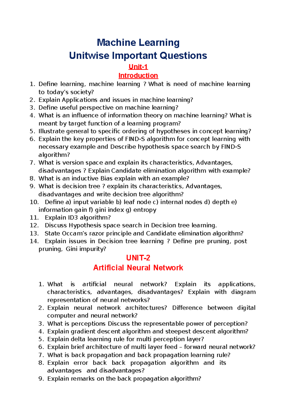ML Unitwise imp questions - Machine Learning Unitwise Important ...