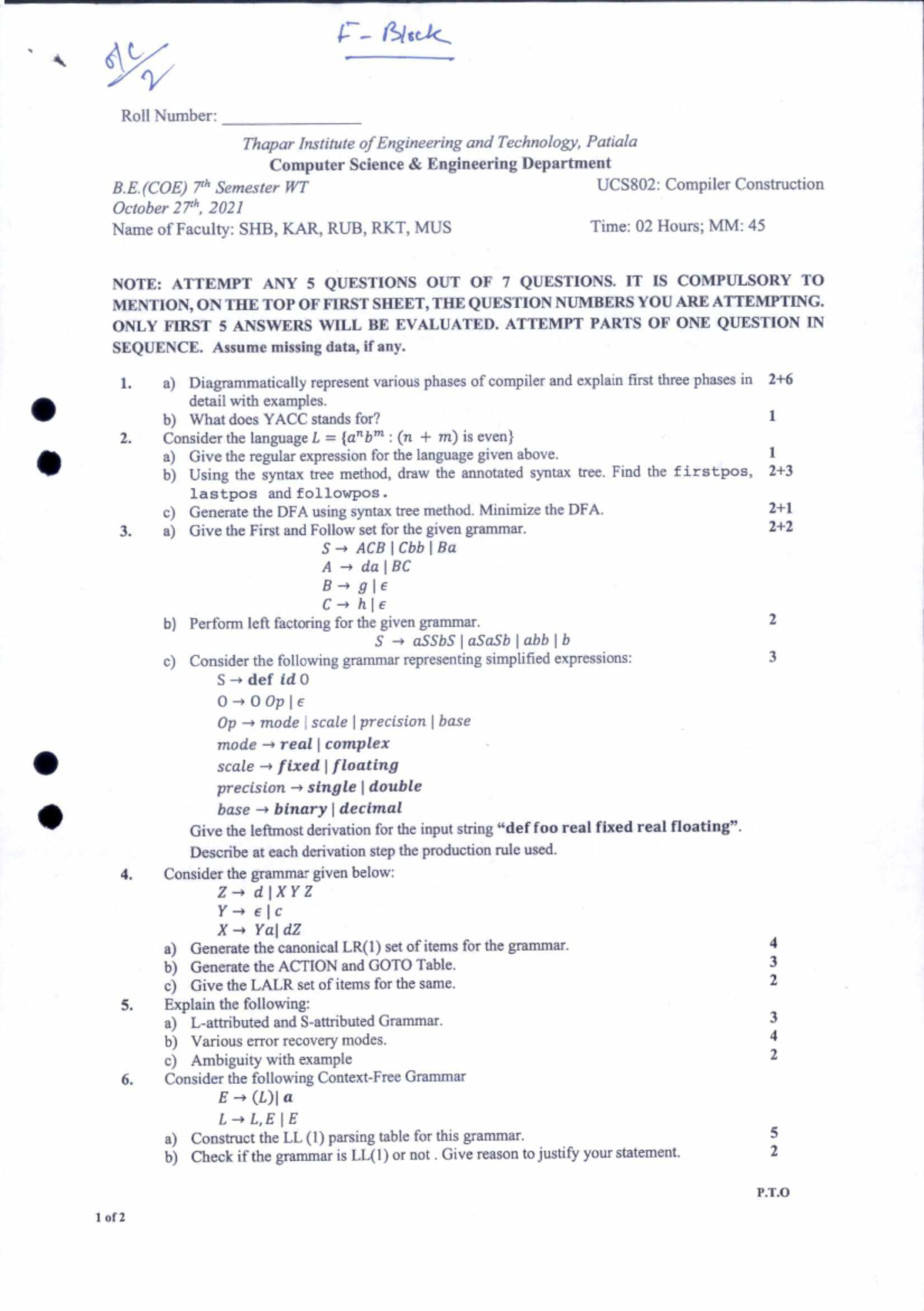 UCS802 Previous Year - 17 — Nst-k, Roll Number: Thapar Institute of ...