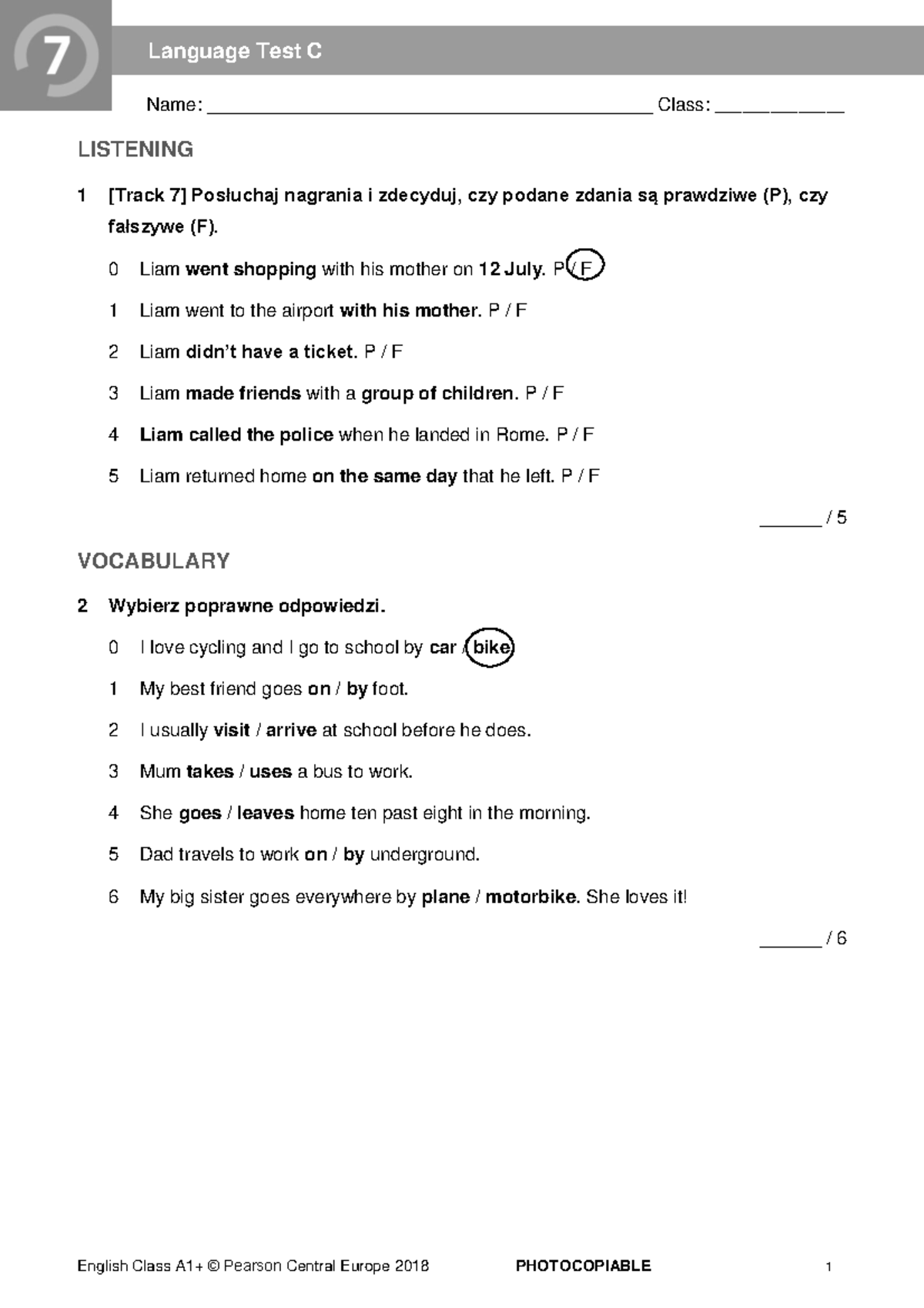 EC A1P - Language test 7C - Name ...