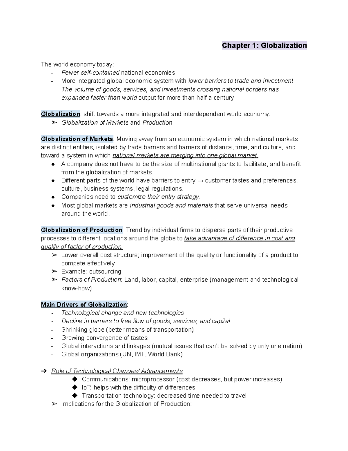 INTB1203 Chapter 1 Notes - Chapter 1 : Globalization The world economy ...