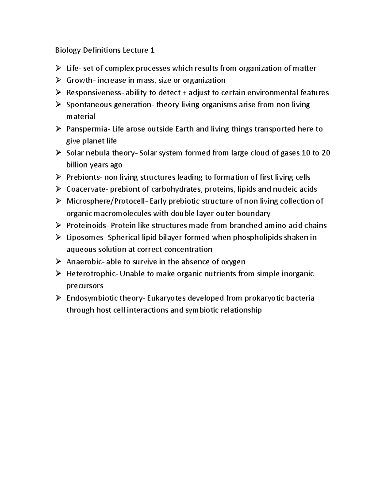 Biology Definitions Summary Life set of complex processes which results from organization