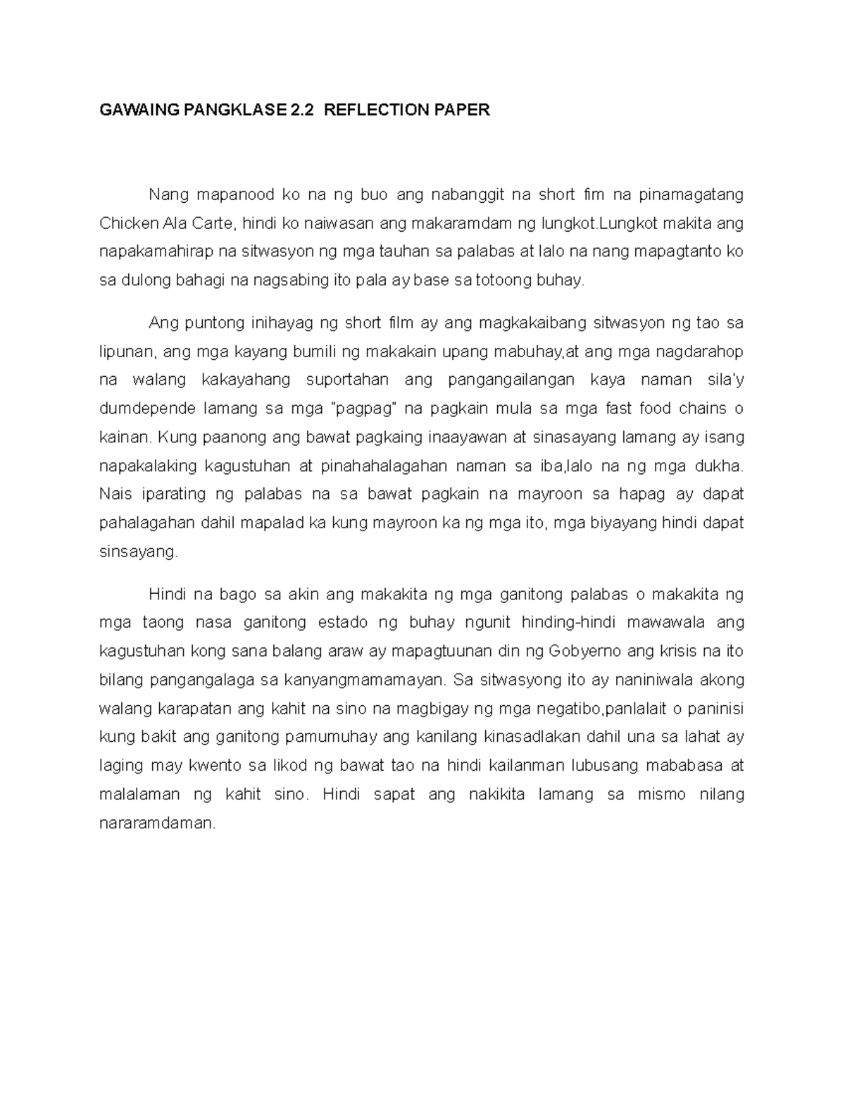 Filkom Gawaing Pangklase 2(Chicken AlaCarte) GAWAING PANGKLASE 2 REFLECTION PAPER Nang