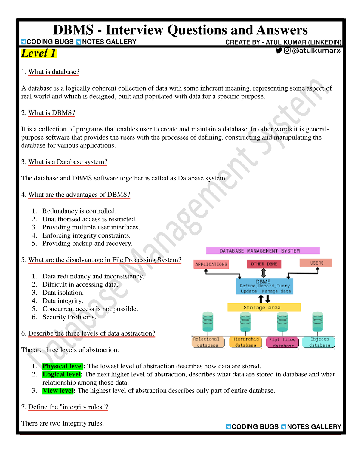 DBMS FULL Notes 📝 - Sldl - DBMS - Interview Questions And Answers Level ...