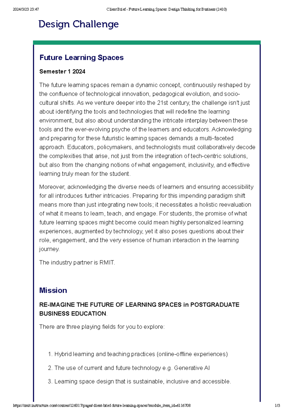 Client Brief - Future Learning Spaces Design Thinking for Business ...