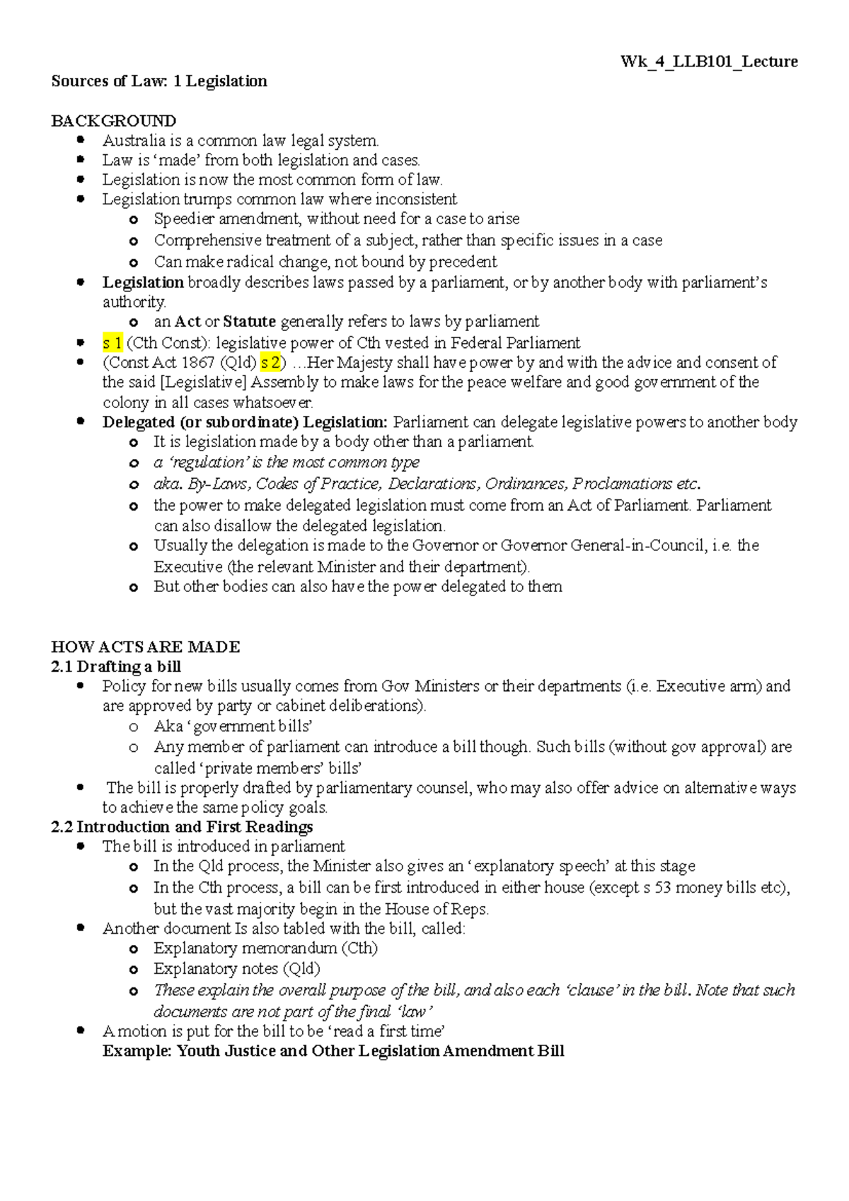 Wk 4 LLB101 Lecture - Wk_4_LLB101_Lecture Sources of Law: 1 Legislation ...