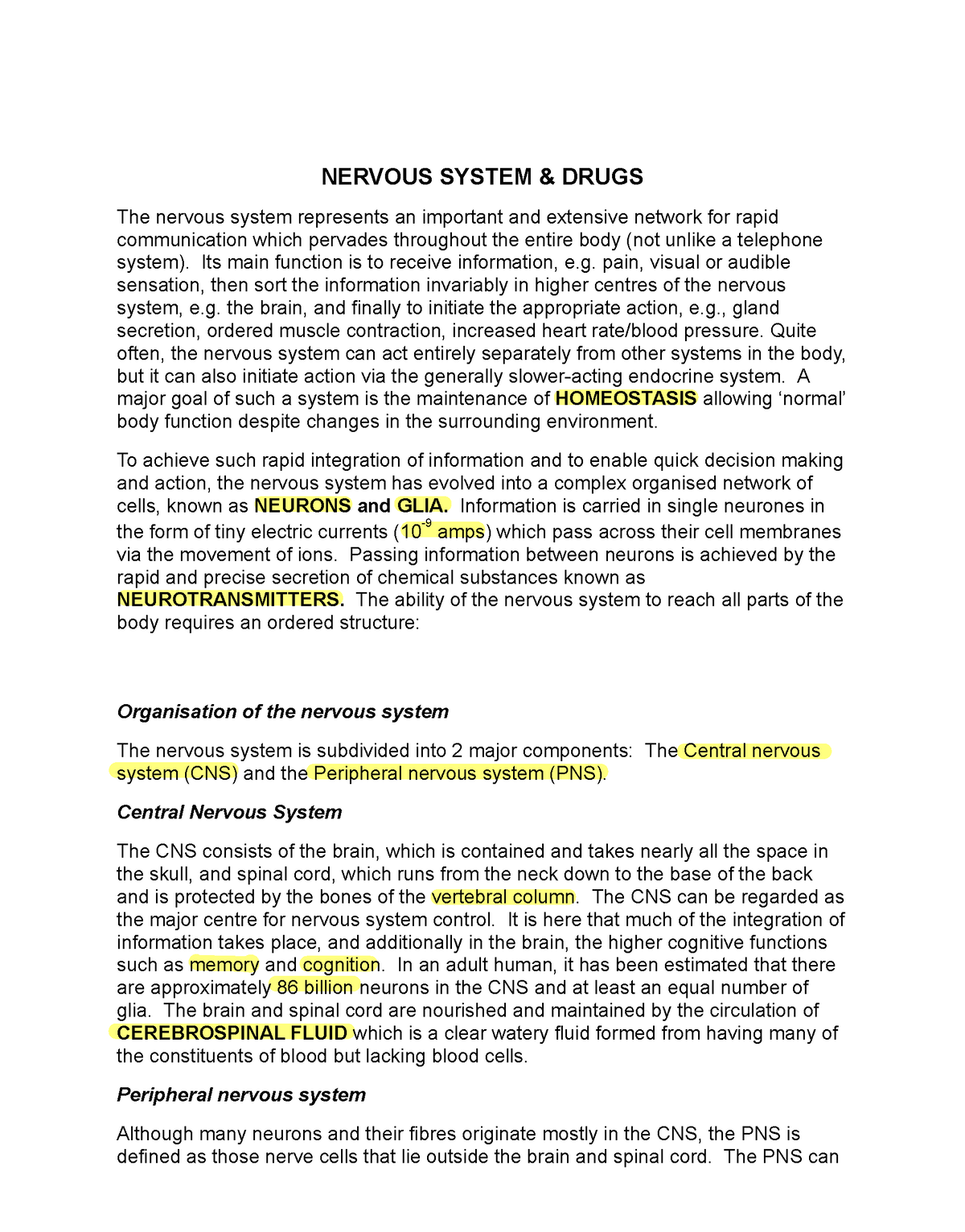 2 Nervous System Notes - NERVOUS SYSTEM & DRUGS The Nervous System ...