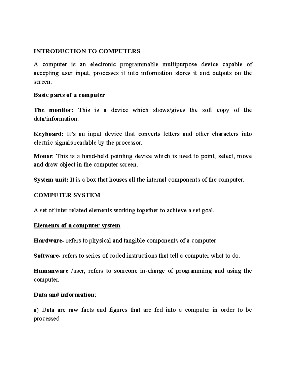 Introduction TO Computers Grade 5 - INTRODUCTION TO COMPUTERS A ...