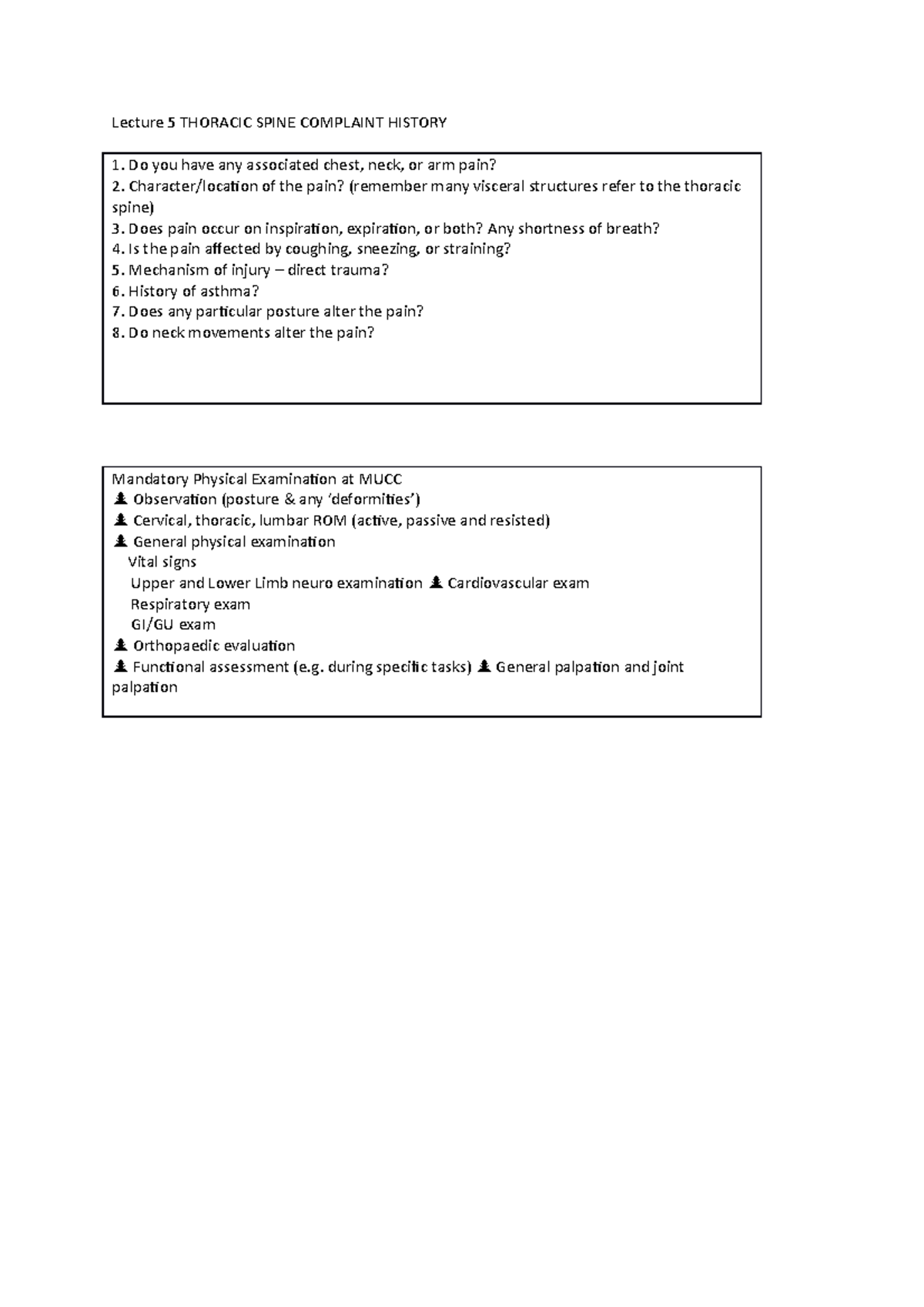 Lecture 5 thoracic assessment - Lecture 5 THORACIC SPINE COMPLAINT ...