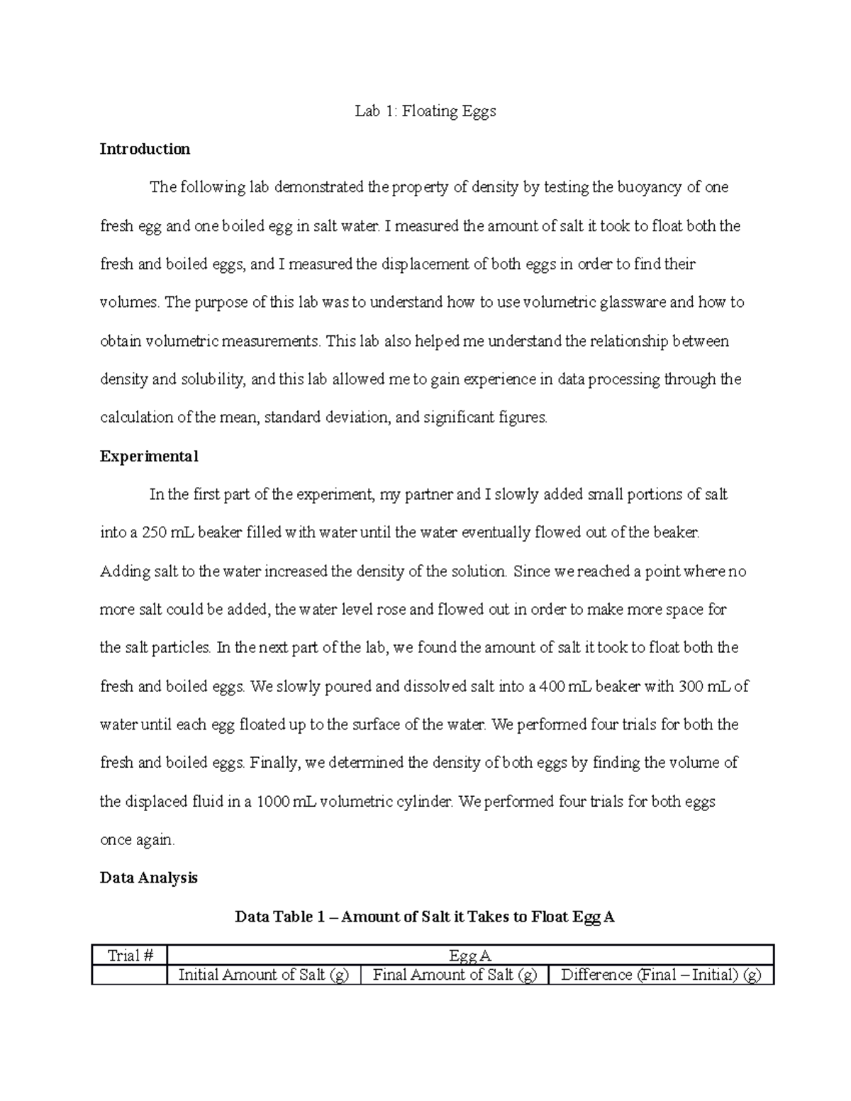 Lab 1 Floating Eggs Professor Sergey Kozmin Lab 1 Floating Eggs