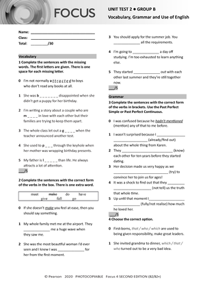 Focus 4 2E Unit Test Dictation Listening Reading Unit2 Group A B ...