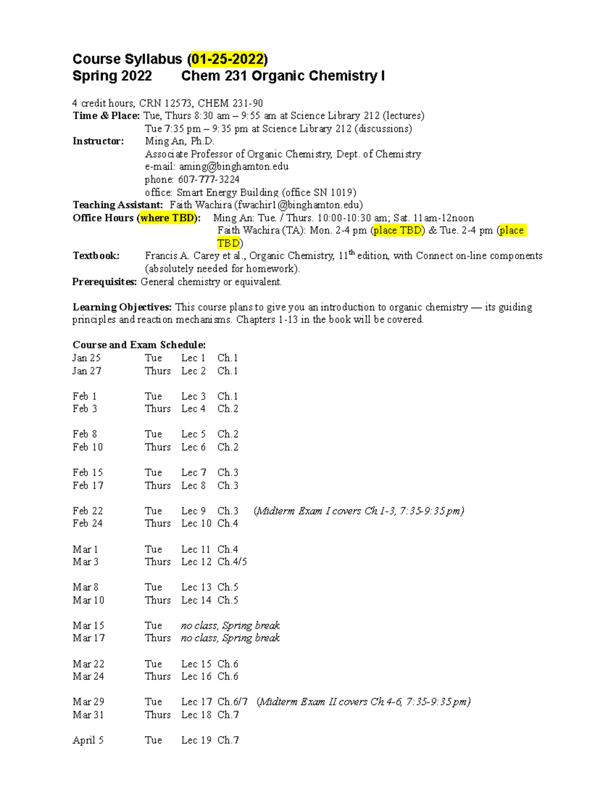 012522 Chem 231 Syllabus - Course Syllabus (01-25-2022) Spring 2022 ...