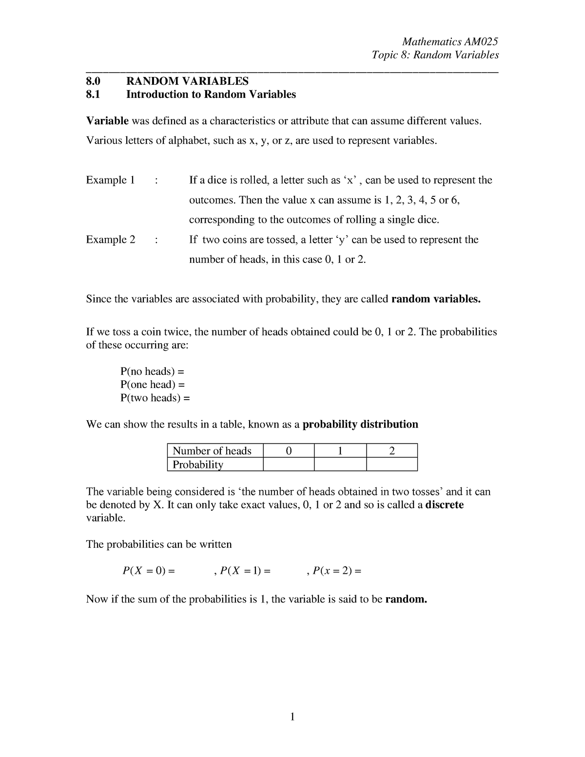 AM025 Chapter 8 Random Variables - Topic 8: Random Variables 8 RANDOM ...