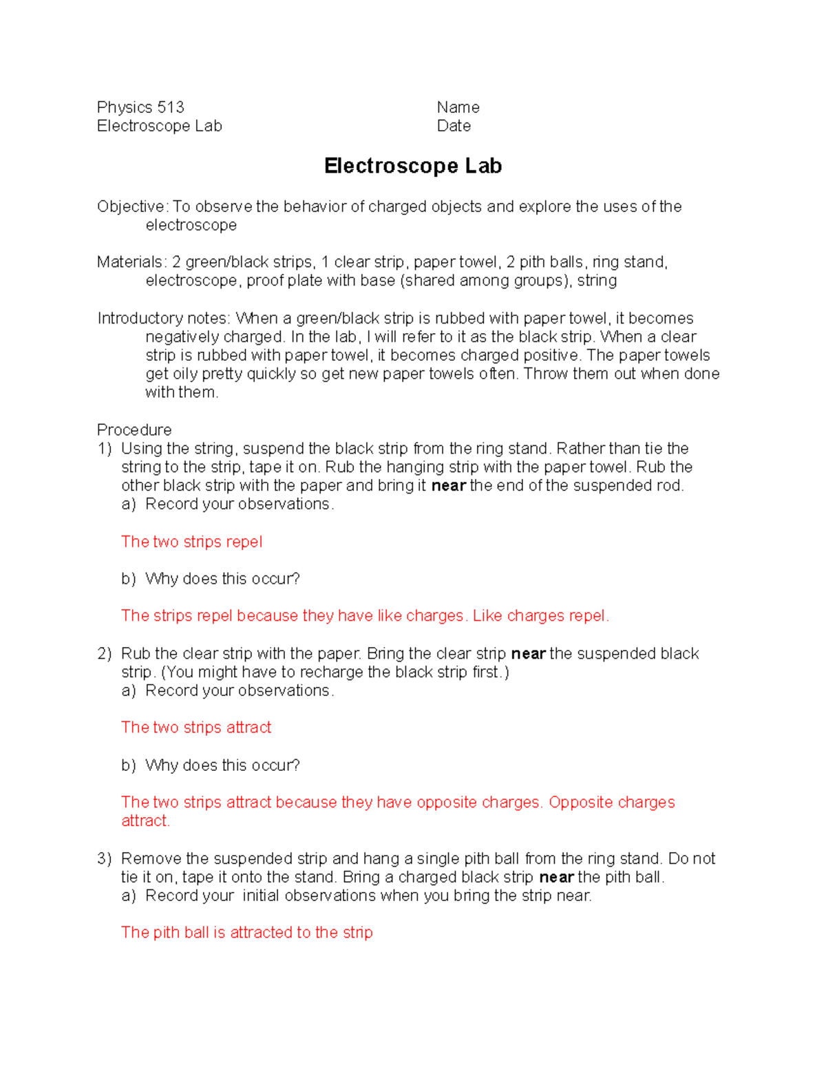 513 Electroscope Lab - KEY - Physics 513 Name Electroscope Lab Date ...