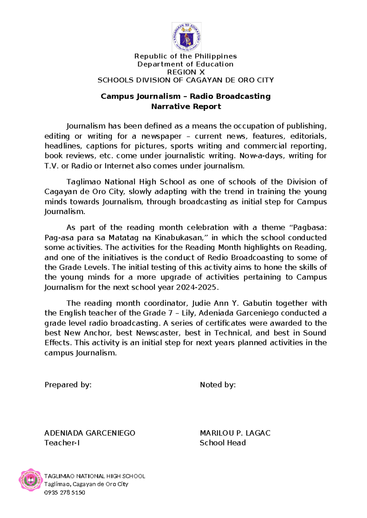 Campus Journalism Narrative Report - Department of Education REGION X ...
