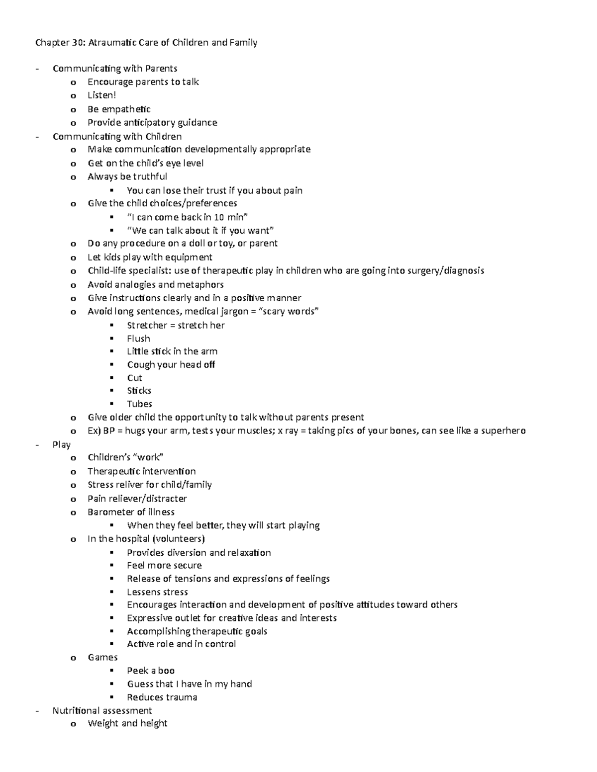 Exam 1 Peds Notes Nova Peds - Chapter 30: Atraumatic Care of Children ...