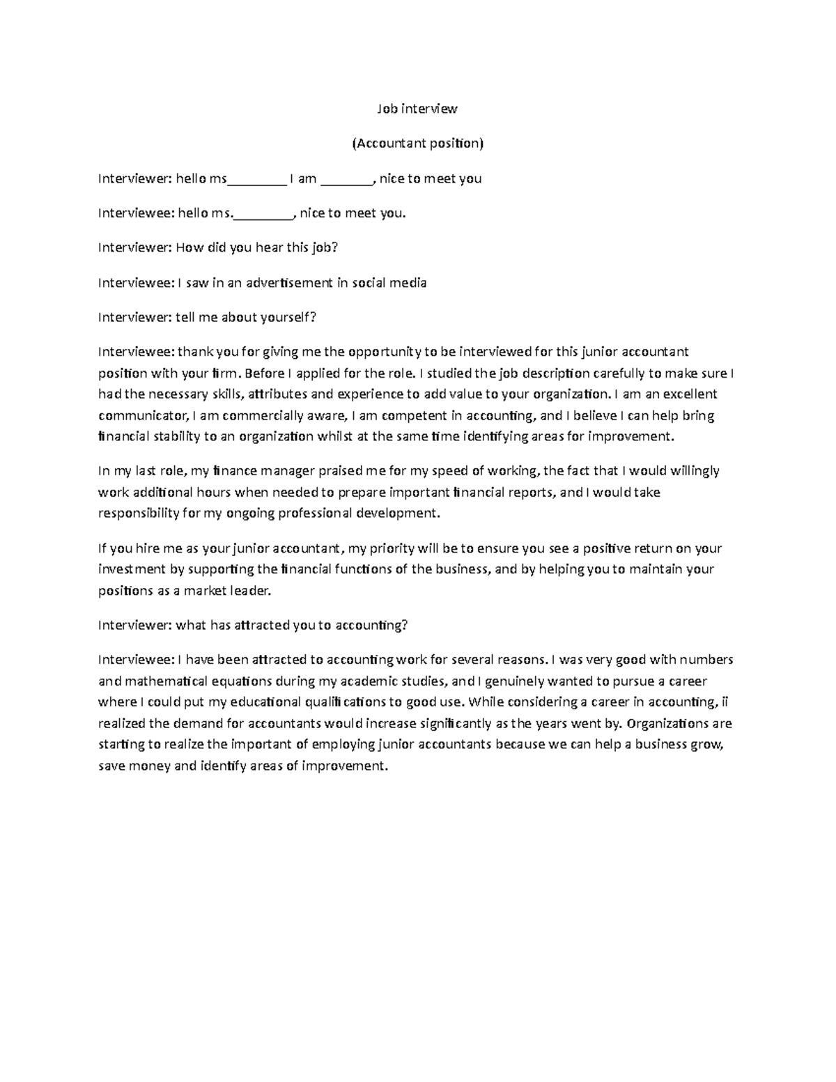 Job interview - Noen - Job interview (Accountant position) Interviewer ...