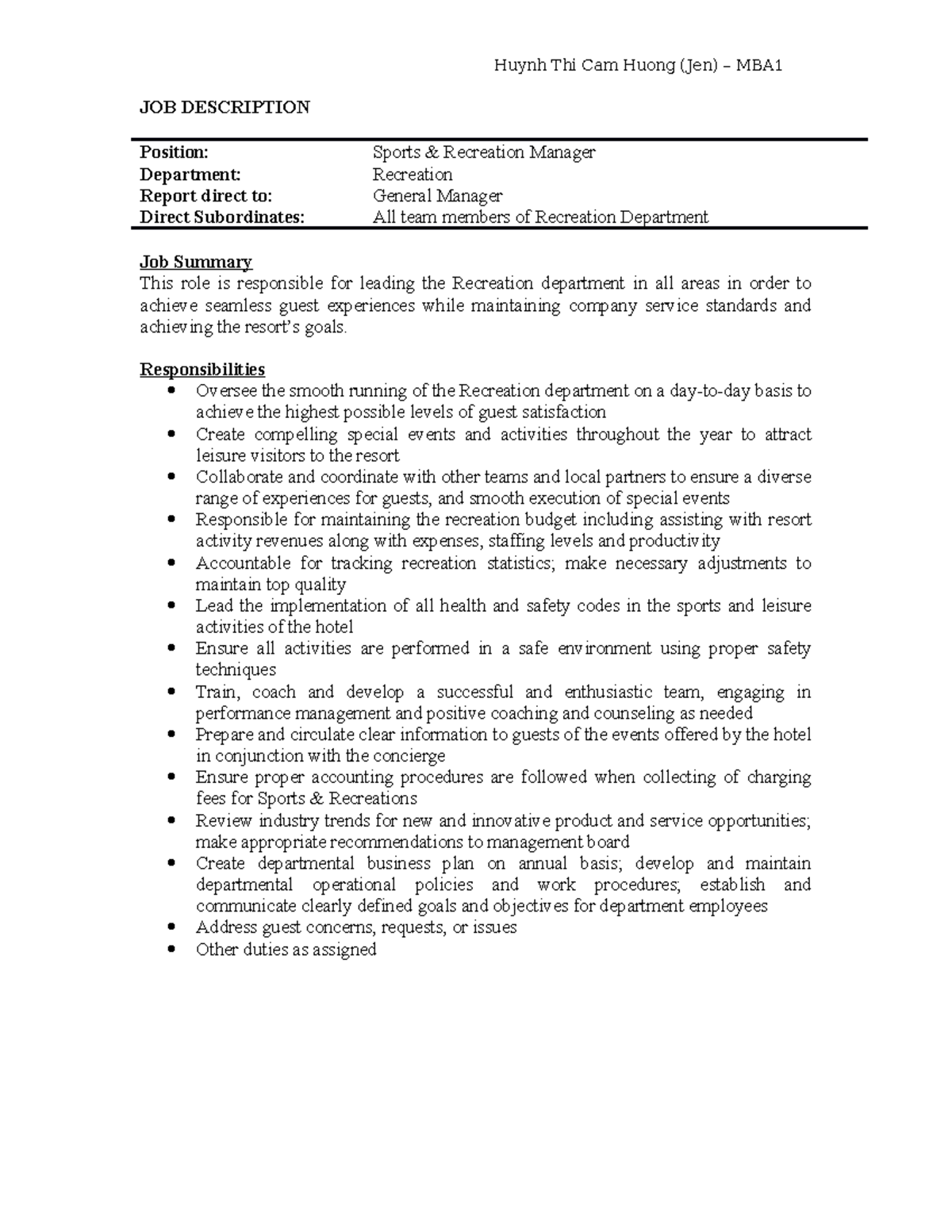 job description for recreation manager position - Huynh Thi Cam Huong ...