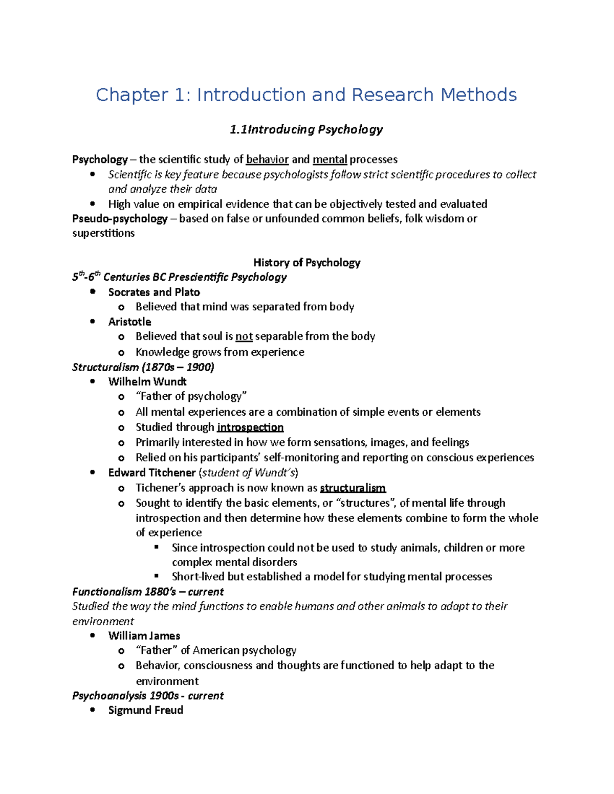Psychology Exam 1 - Chapter 1: Introduction and Research Methods 1 ...