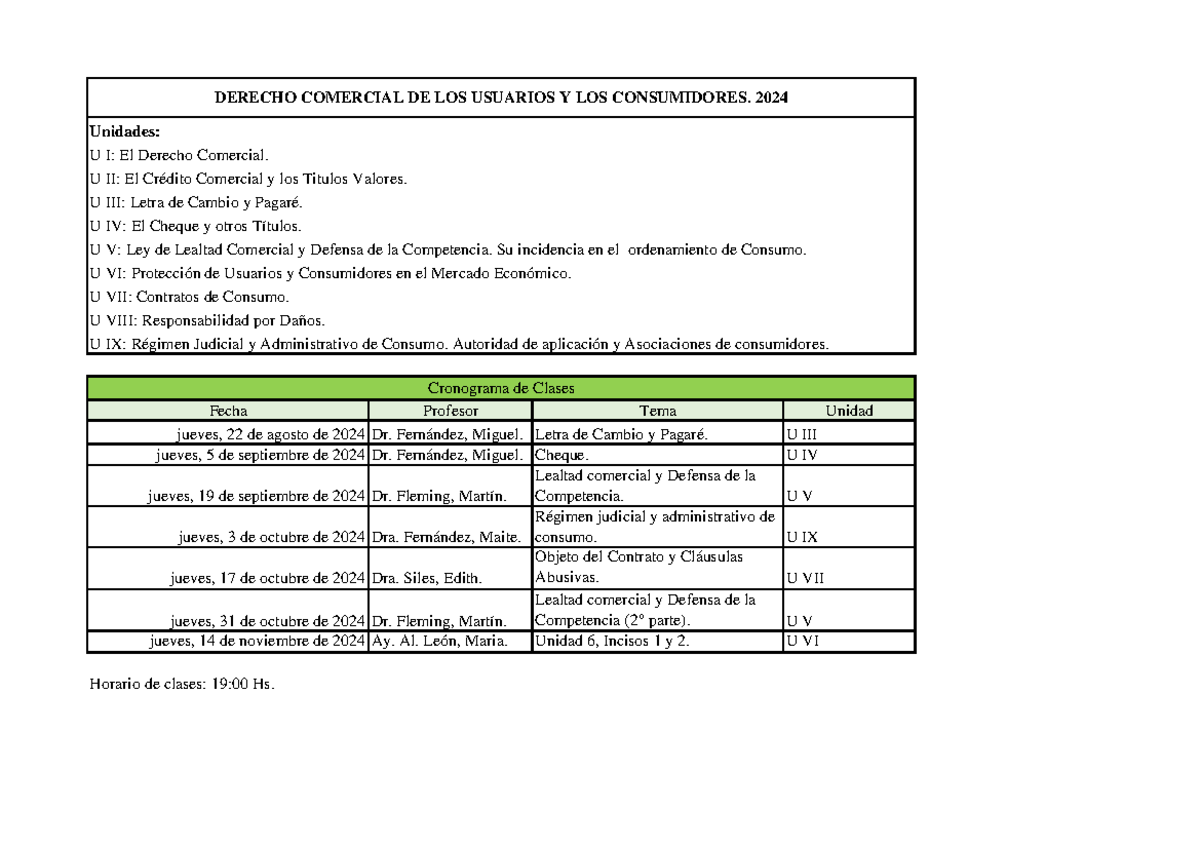 Cronograma 2024 - HWJWJWJJWJWJW - Unidades: U I: El Derecho Comercial ...