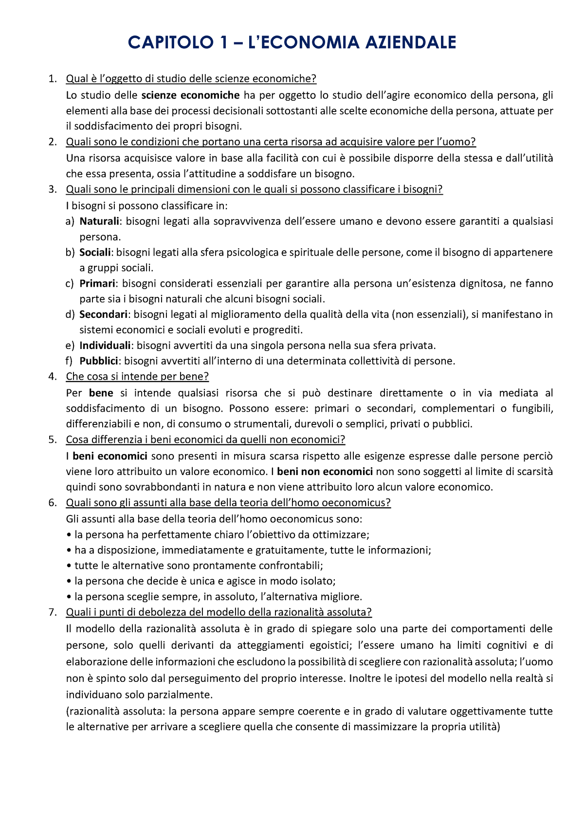 Capitolo 1 - Domande - CAPITOLO 1 – L’ECONOMIA AZIENDALE Qual è L ...