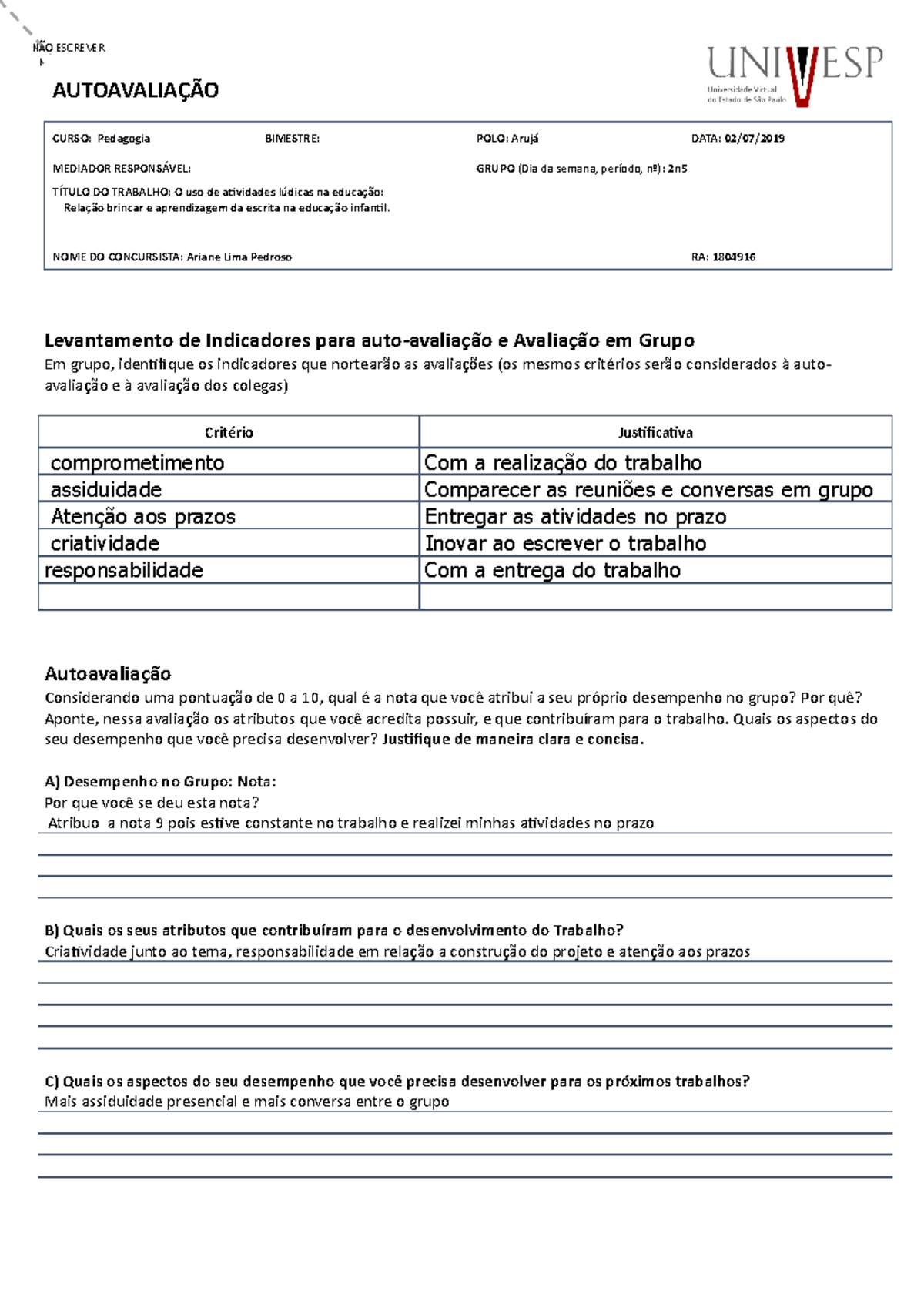 Autoavaliacao p12 - exemplo de autoavaliação - NÃO ESCREVER NESTA ÁREA ...