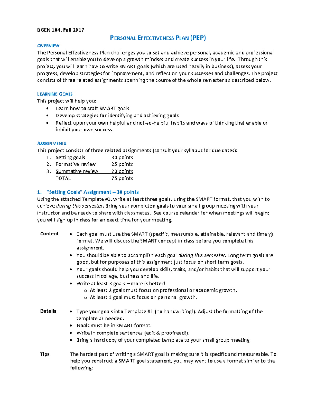 F-2017 PEP Setting and Monitoring Goals - BGEN 104, Fall 2017 PERSONAL ...