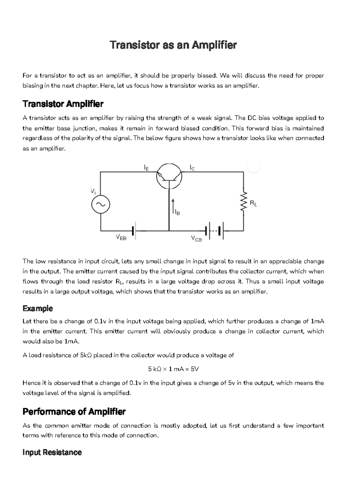 Transistor as an Amplifier Transistor as an Amplifier For a