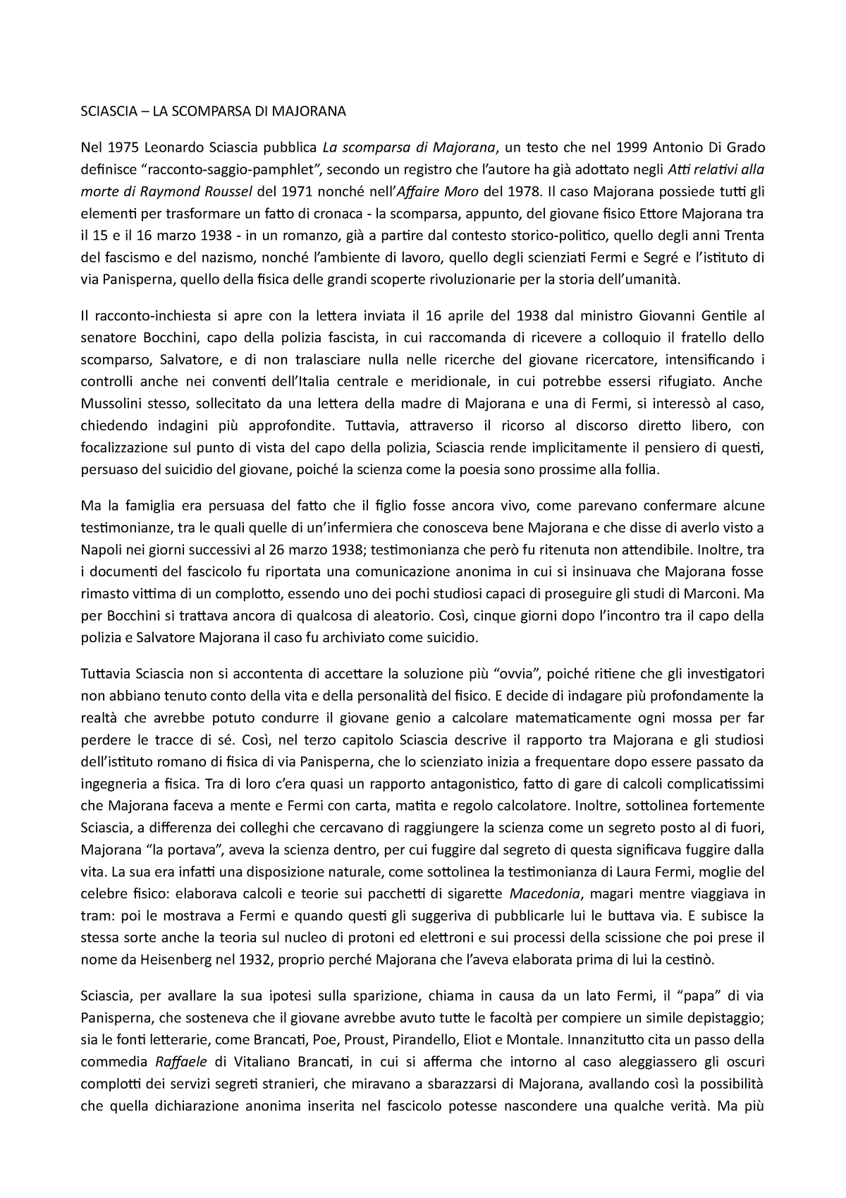 Sciascia - LA Scomparsa DI Majorana - Letteratura italiana 1 - UniNa -  Studocu