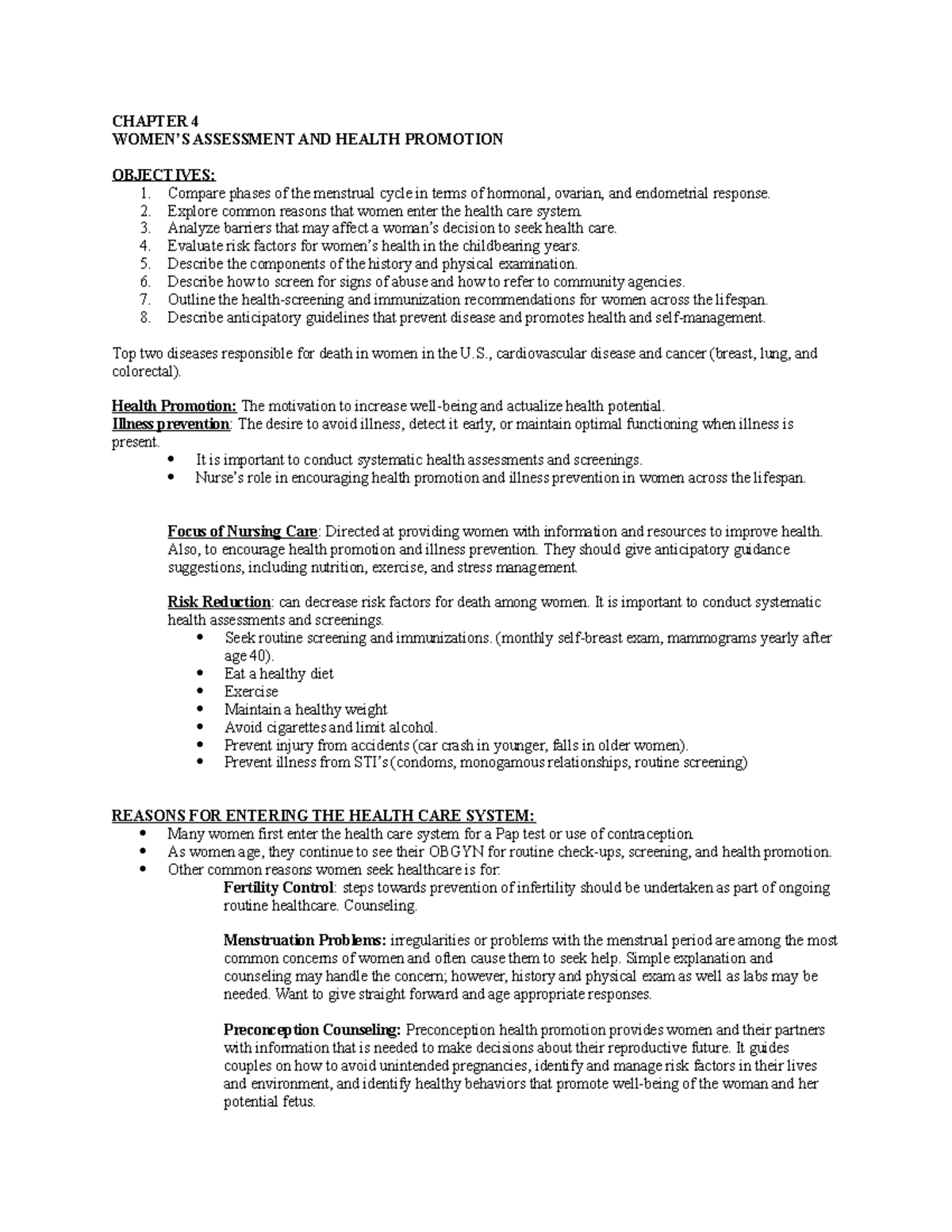 Ch. 4 Notes - CHAPTER 4 WOMEN’S ASSESSMENT AND HEALTH PROMOTION ...