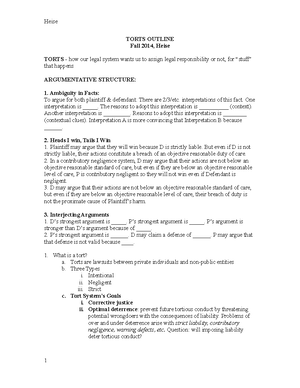 Torts-1 Outline - TORTS Ii. TORTS False Imprisonment A. Prima Facie ...