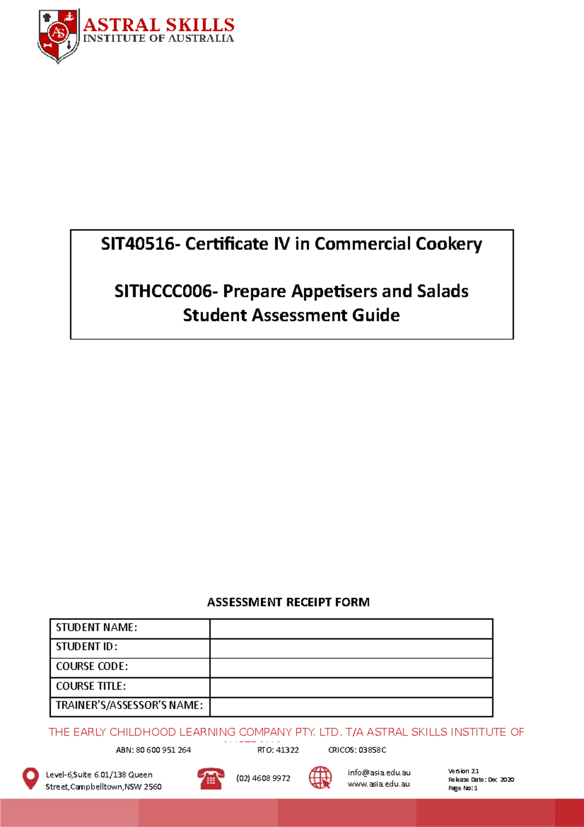 V2 Sithccc 006 Prepare Appetisers And Salads Student Assessment Guide ...