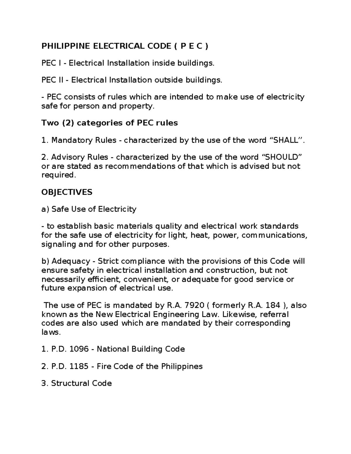 Eecodes EE CODES PHILIPPINE ELECTRICAL CODE ( P E C ) PEC I