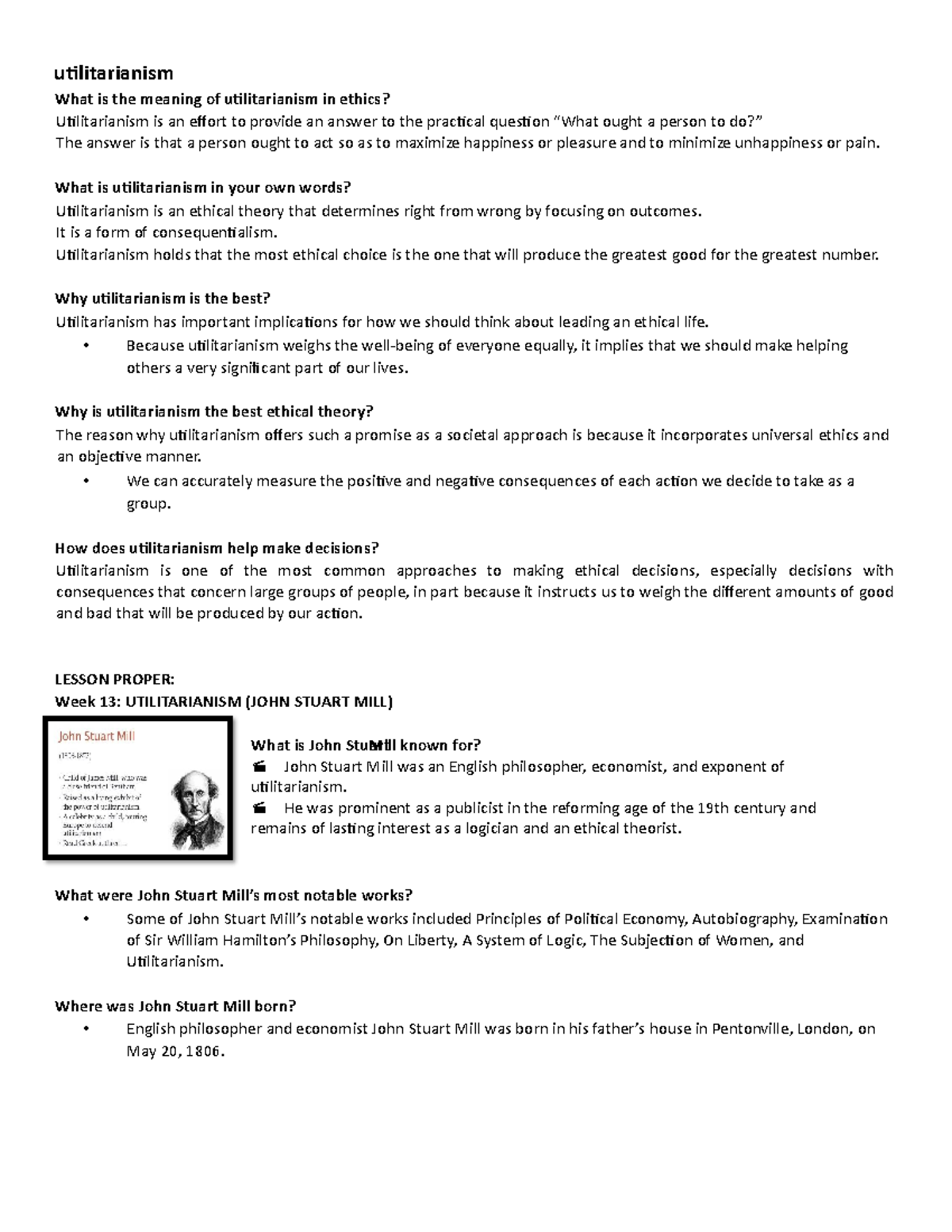 Utilitarianism What is utilitarianism in your own words