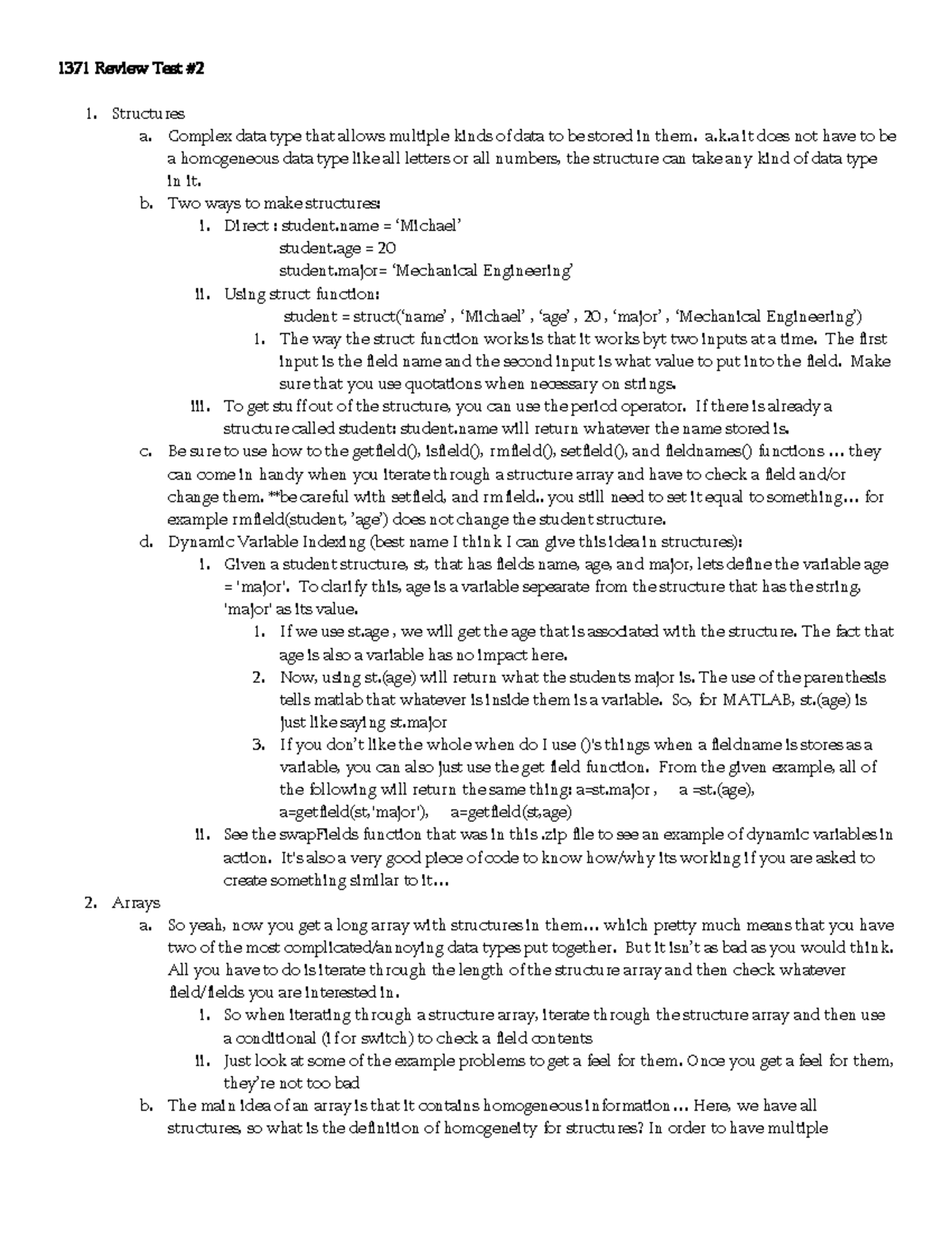 Test 2 Review Sheet - 1371 Review Test # Structures a. Complex data ...