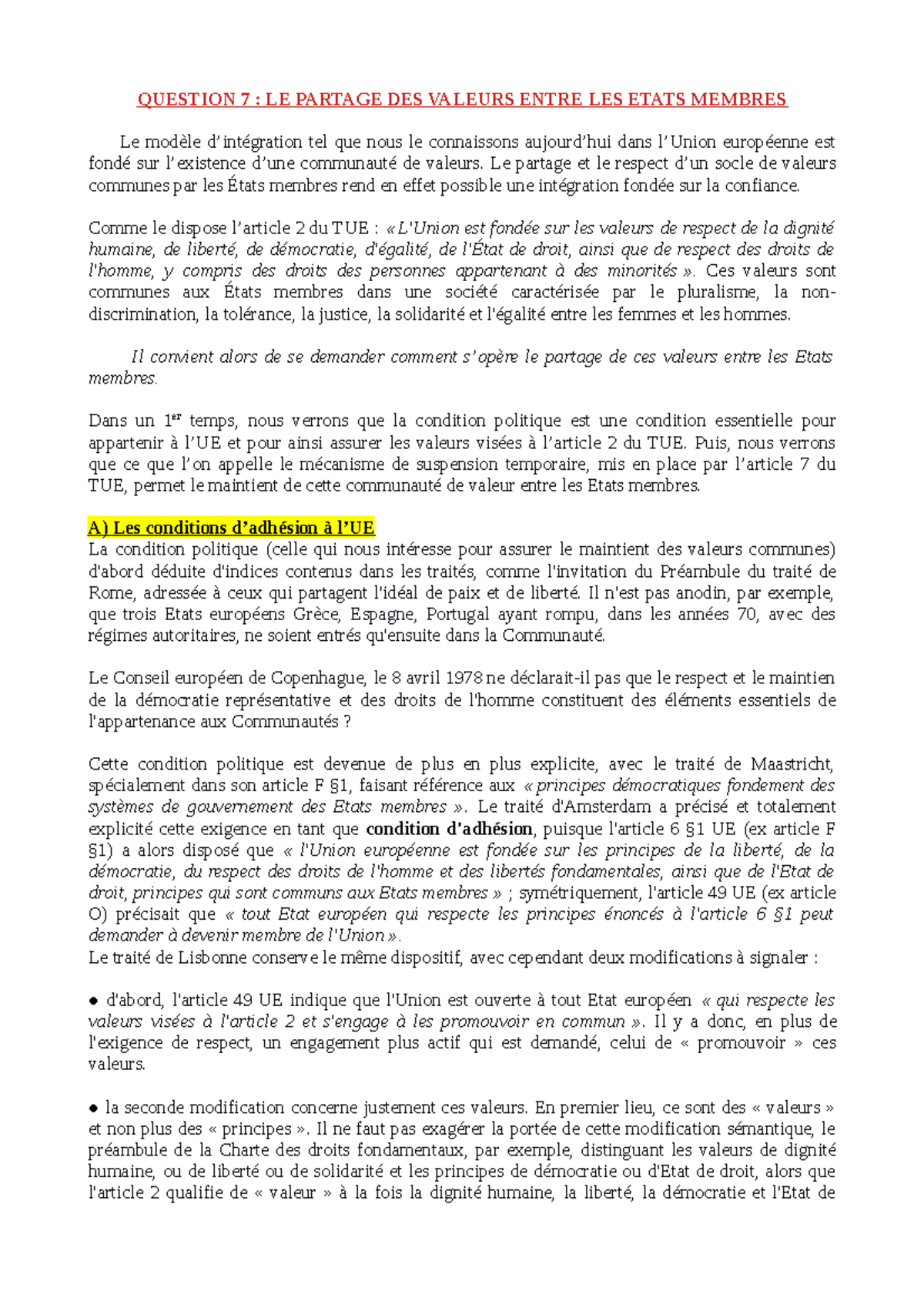 Q7 Le partage des valeurs entre les Etats membres de l'UE - QUESTION 7 ...