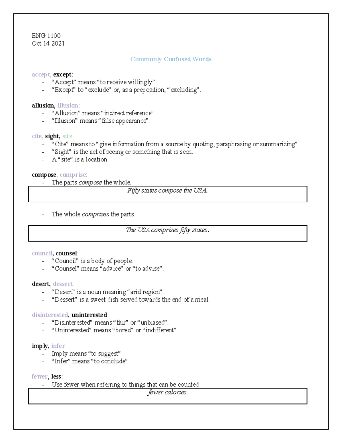 ENG 1100 (commonly confused words list) - ENG 1100 Oct 14 2021 Commonly ...