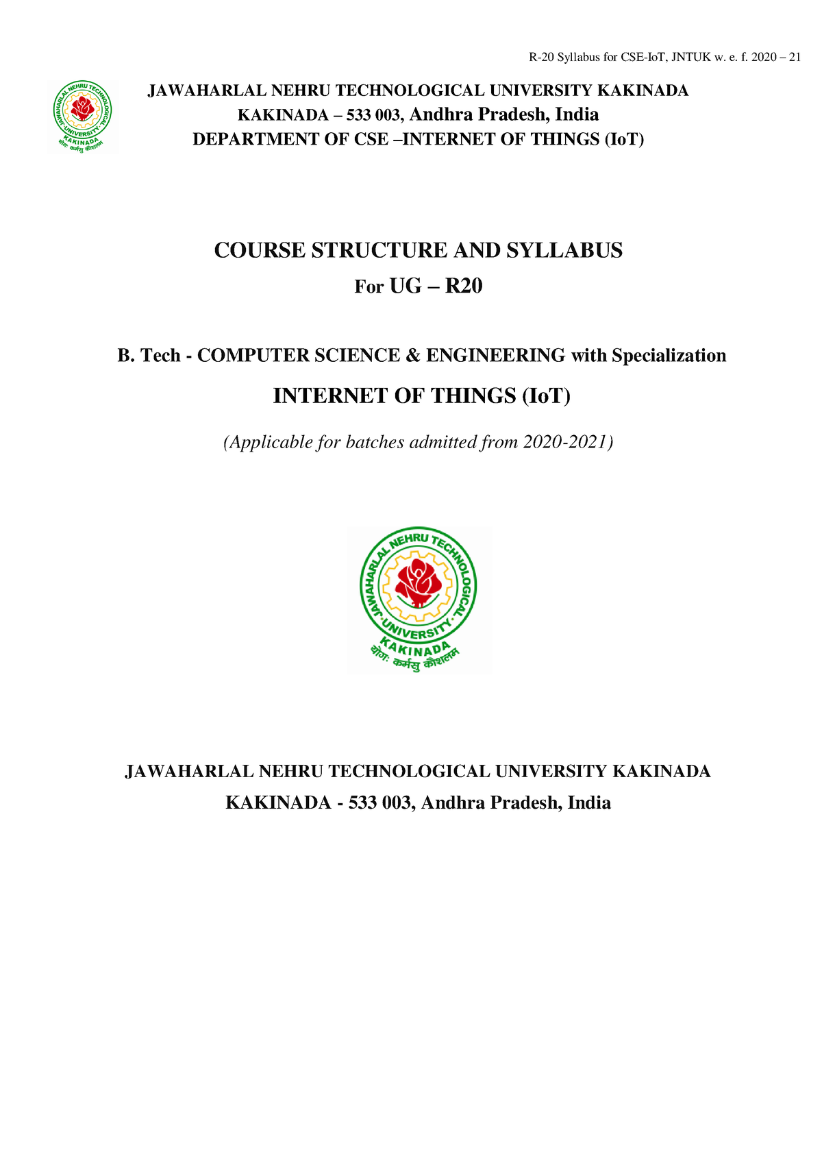 Jntuk BTech 2 1 CSE Io T R20 Syllabus PDF - JAWAHARLAL NEHRU ...