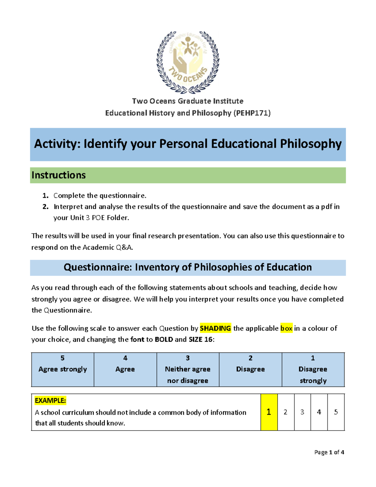 Questionnaire - Page 1 of 4 Two Oceans Graduate Institute Educational ...