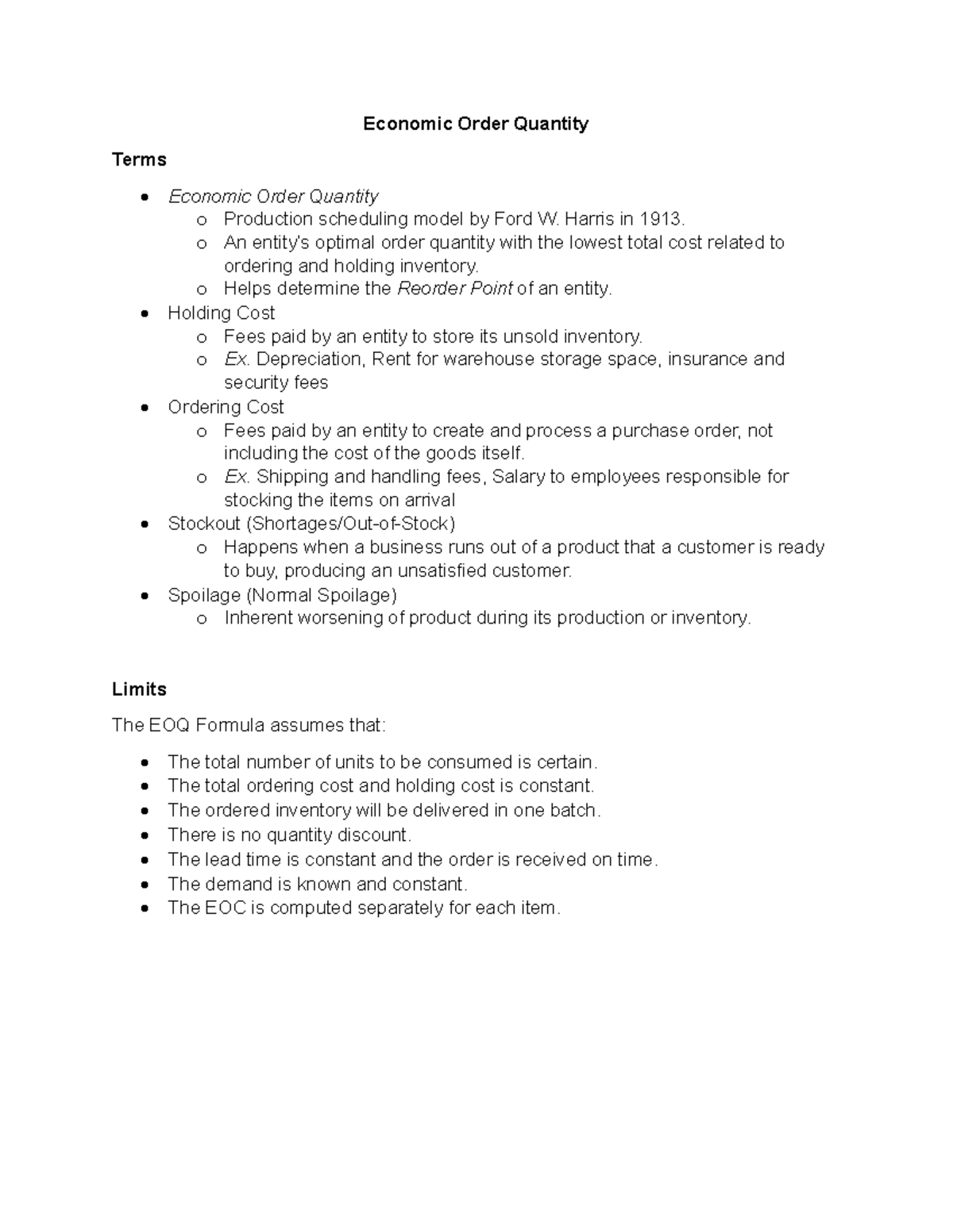 Summary EOQ and ROP - Economic Order Quantity Terms Economic Order ...