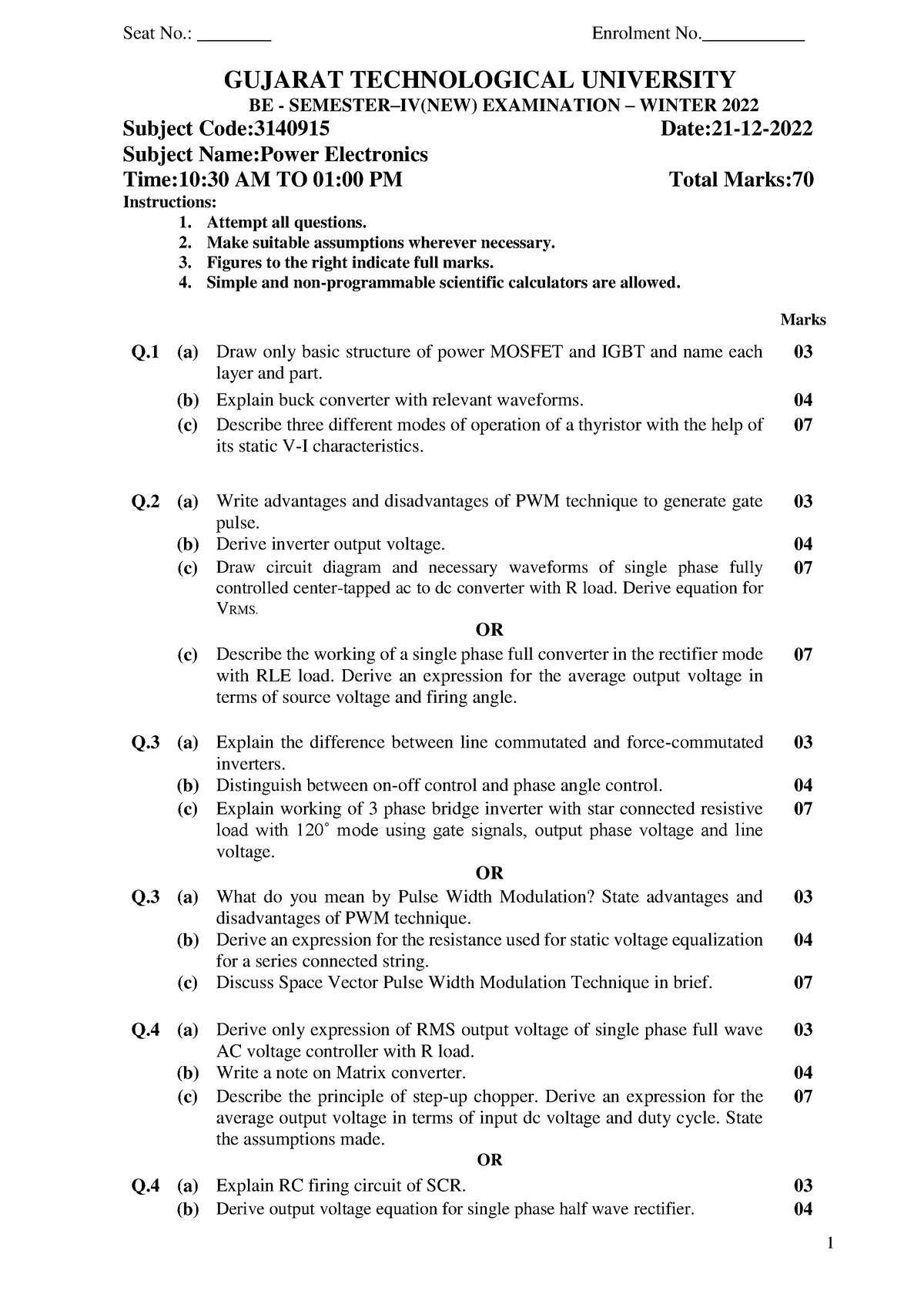 3140915 BE Winter 2022 - POWER ELECTRONIC PAPER - 1 Seat No ...