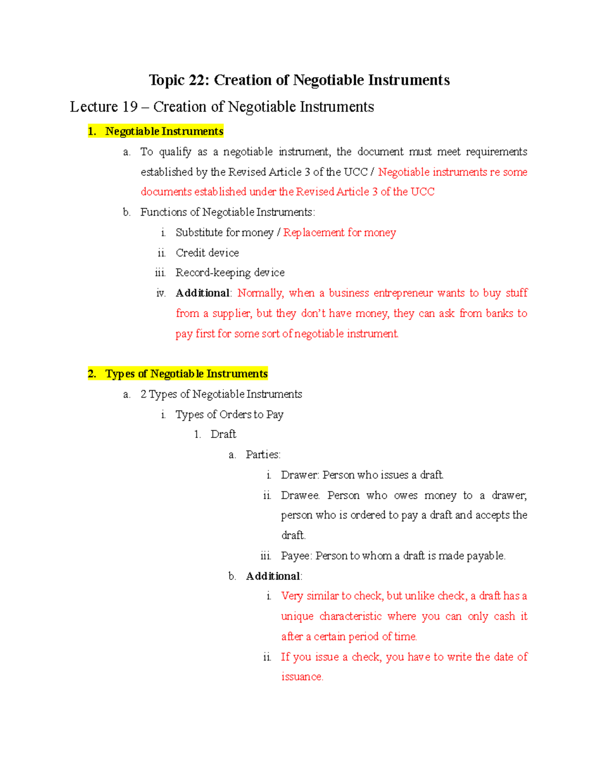 LAW Lecture 19 - Creation of Negotiable Instruments - Topic 22 ...